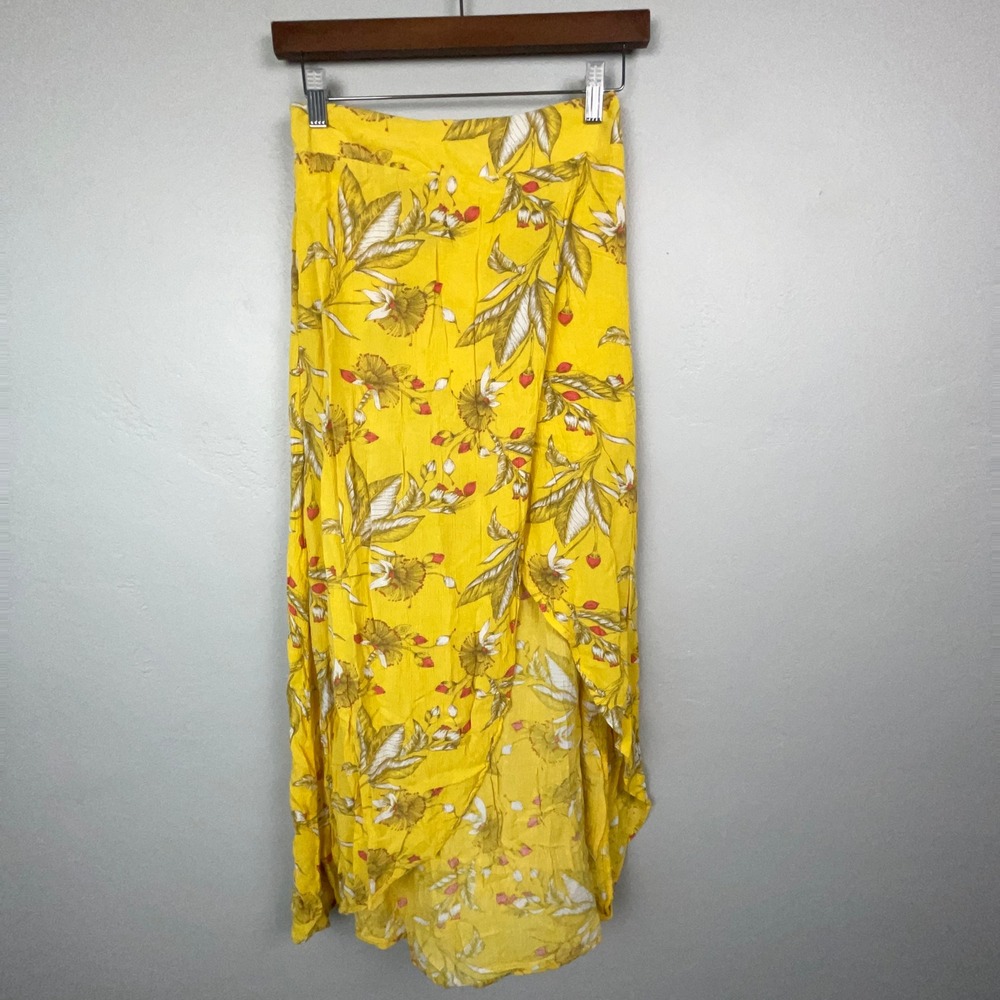 Express Skirt Womens XXS Yellow Floral Faux Wrap High Low Maxi Rayon Boho